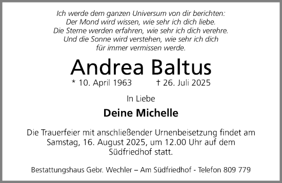 Traueranzeige von Andrea Baltus von Hildesheimer Allgemeine Zeitung