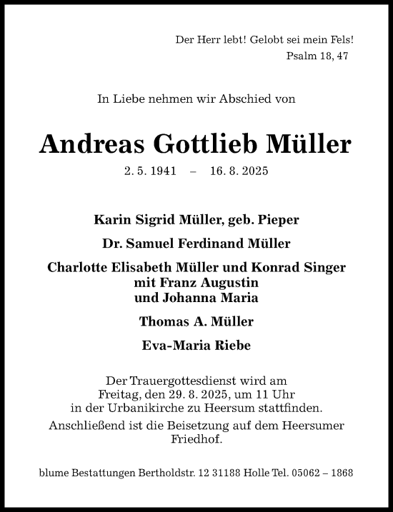 Traueranzeige von Andreas Gottlieb Müller von Hildesheimer Allgemeine Zeitung
