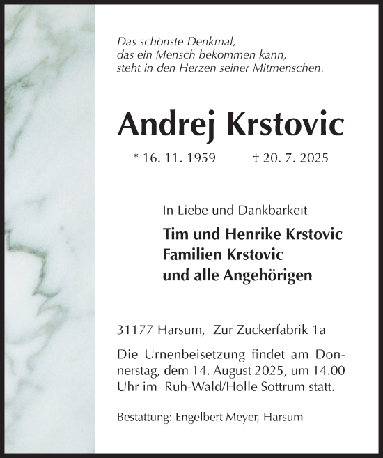 Traueranzeige von Andrej Krstovic von Hildesheimer Allgemeine Zeitung