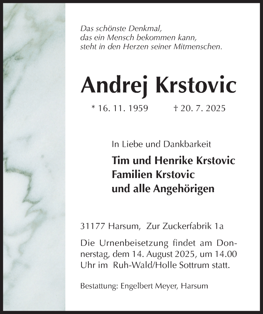  Traueranzeige für Andrej Krstovic vom 06.08.2025 aus Hildesheimer Allgemeine Zeitung
