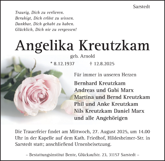 Traueranzeige von Angelika Kreutzkam von Hildesheimer Allgemeine Zeitung