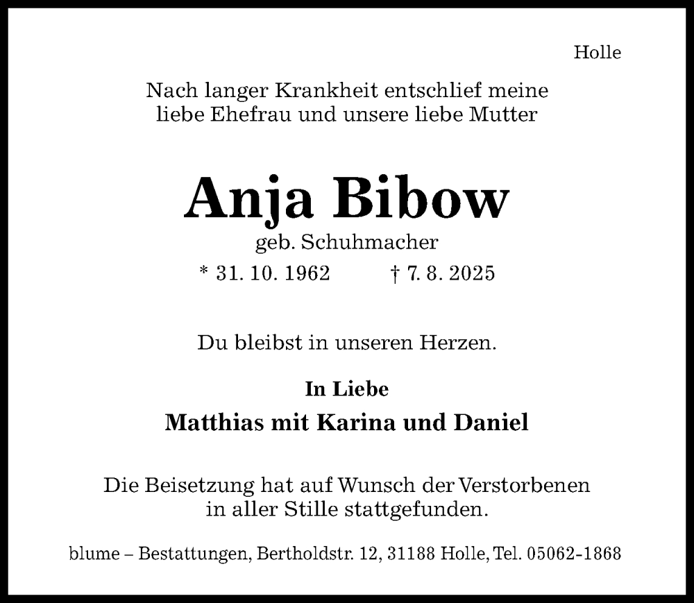  Traueranzeige für Anja Bibow vom 30.08.2025 aus Hildesheimer Allgemeine Zeitung