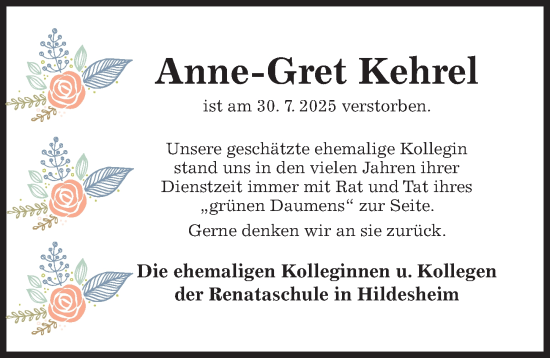 Traueranzeige von Anne-Gret Kehrel von Hildesheimer Allgemeine Zeitung