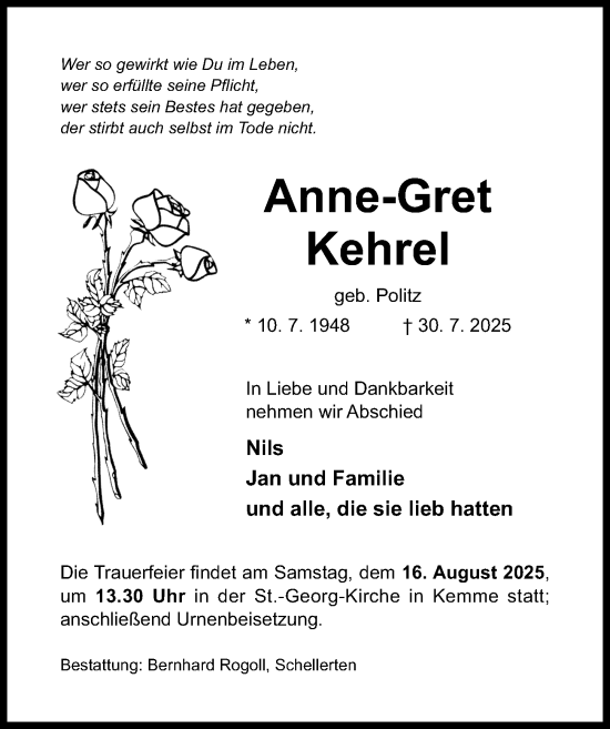 Traueranzeige von Anne-Gret Kehrel von Hildesheimer Allgemeine Zeitung