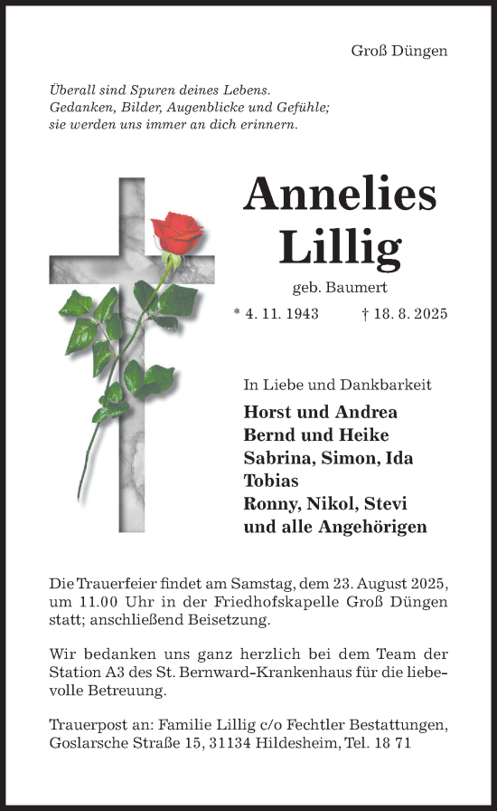 Traueranzeige von Annelies Lillig von Hildesheimer Allgemeine Zeitung