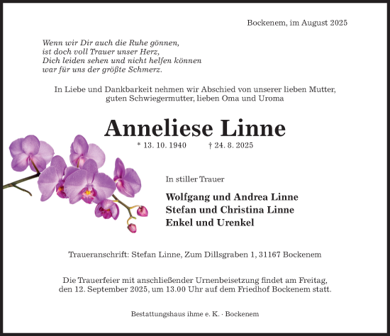 Traueranzeige von Anneliese Linne von Hildesheimer Allgemeine Zeitung