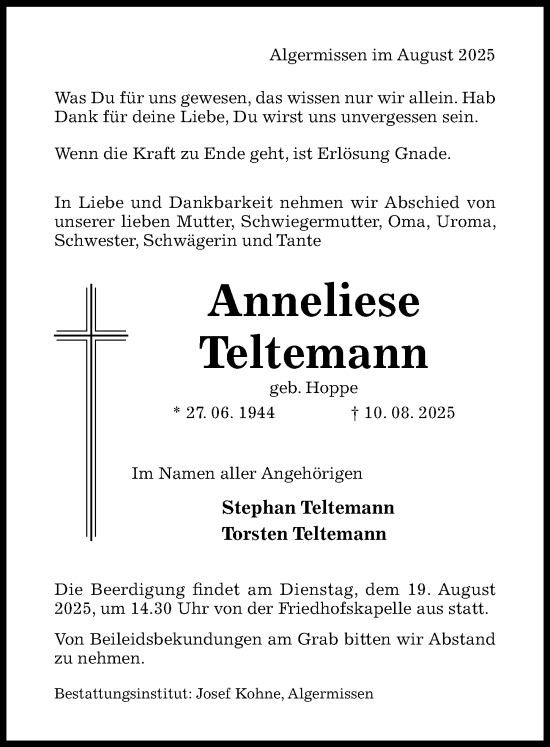 Traueranzeige von Anneliese Teltemann von Hildesheimer Allgemeine Zeitung