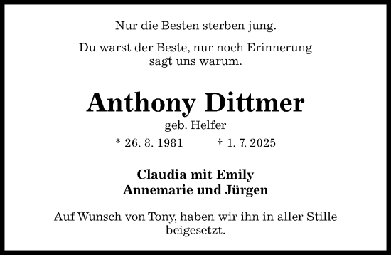 Traueranzeige von Anthony Dittmer von Hildesheimer Allgemeine Zeitung