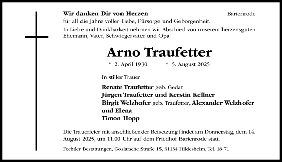 Traueranzeige von Arno Traufetter von Hildesheimer Allgemeine Zeitung