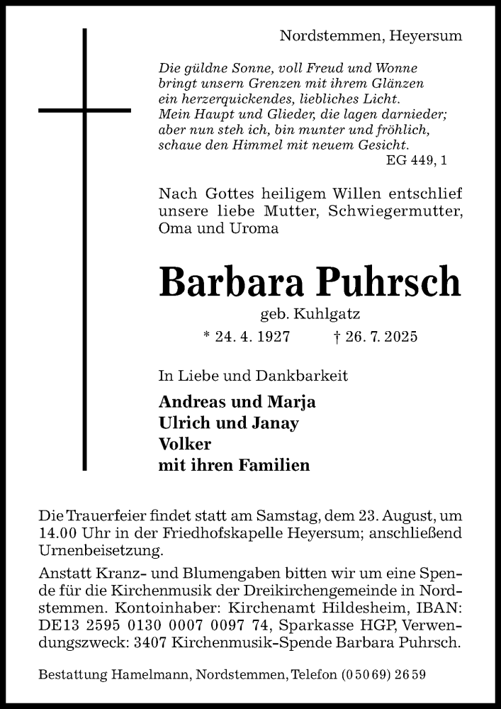  Traueranzeige für Barbara Puhrsch vom 02.08.2025 aus Hildesheimer Allgemeine Zeitung