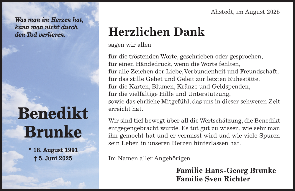  Traueranzeige für Benedikt Brunke vom 30.08.2025 aus Hildesheimer Allgemeine Zeitung