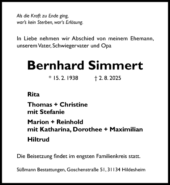 Traueranzeige von Bernhard Simmert von Hildesheimer Allgemeine Zeitung