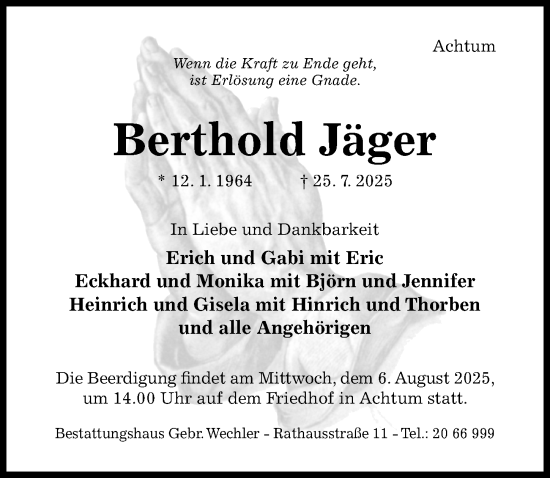 Traueranzeige von Berthold Jäger von Hildesheimer Allgemeine Zeitung