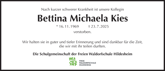 Traueranzeige von Bettina Michaela Kies von Hildesheimer Allgemeine Zeitung