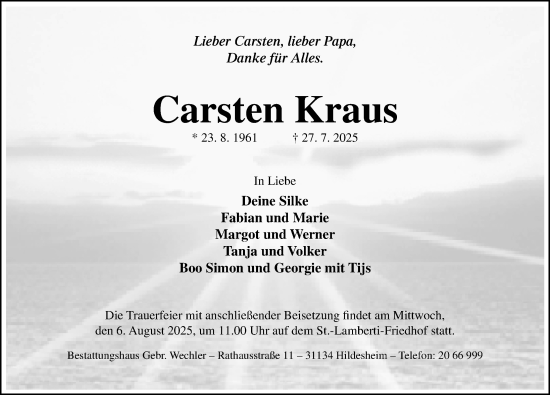 Traueranzeige von Carsten Kraus von Hildesheimer Allgemeine Zeitung