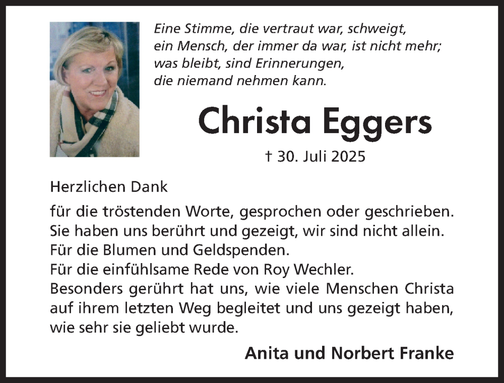  Traueranzeige für Christa Eggers vom 23.08.2025 aus Hildesheimer Allgemeine Zeitung