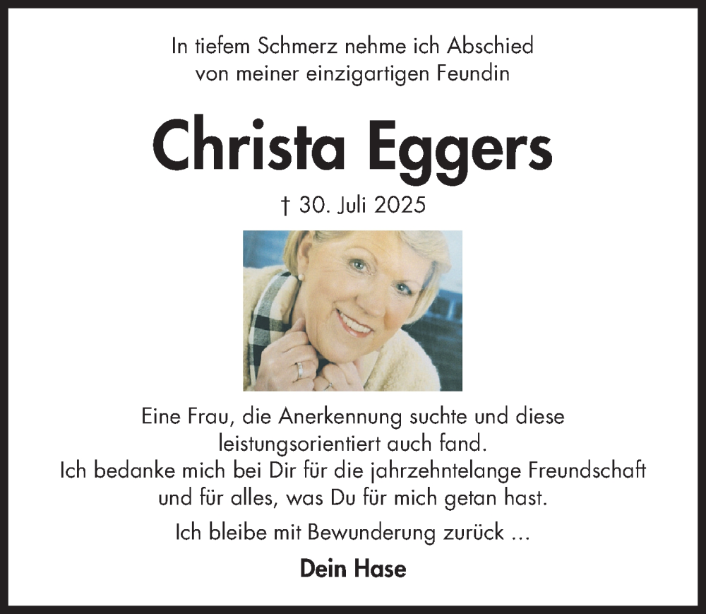  Traueranzeige für Christa Eggers vom 02.08.2025 aus Hildesheimer Allgemeine Zeitung