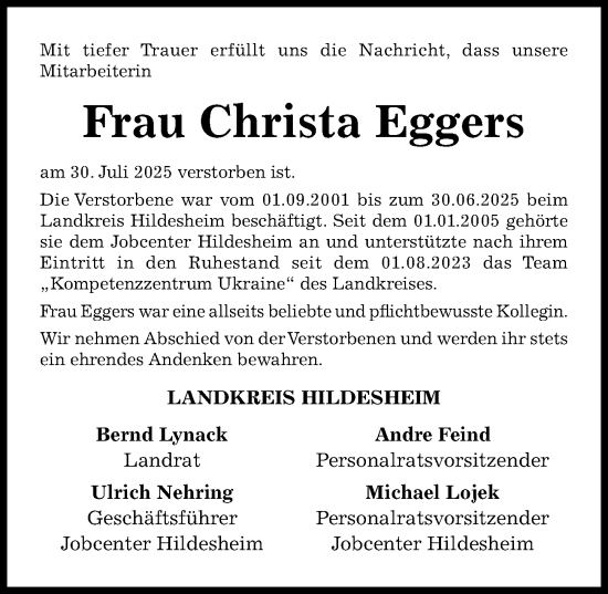 Traueranzeige von Christa Eggers von Hildesheimer Allgemeine Zeitung