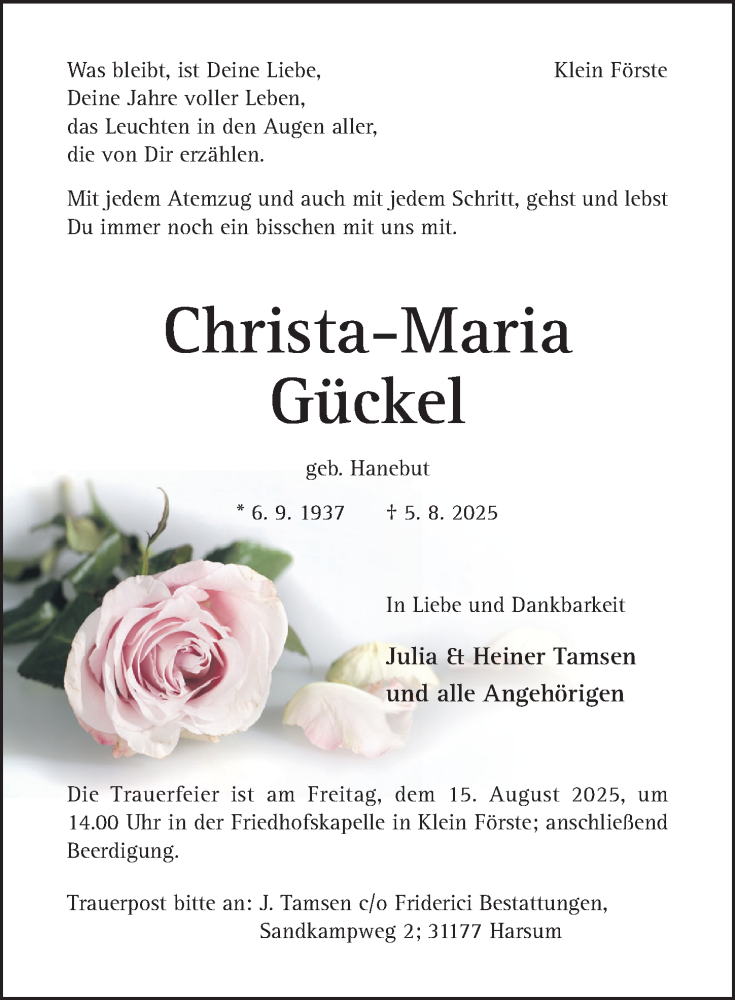  Traueranzeige für Christa-Maria Gückel vom 09.08.2025 aus Hildesheimer Allgemeine Zeitung