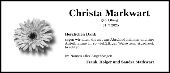 Traueranzeige von Christa Markwart von Hildesheimer Allgemeine Zeitung