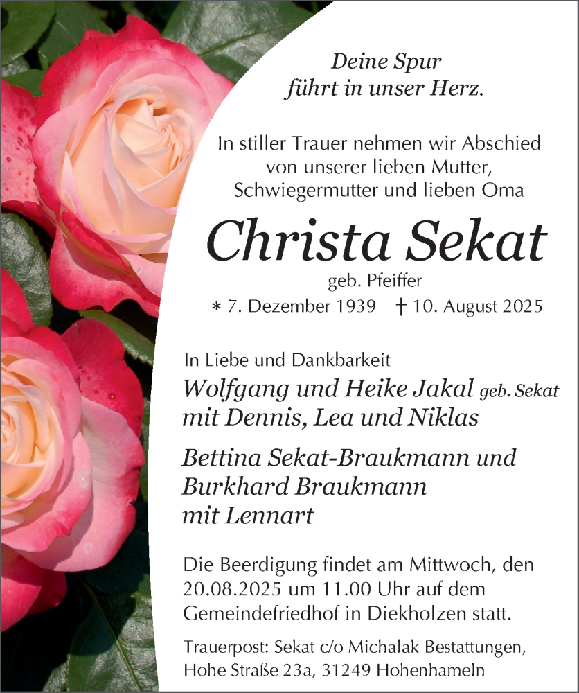  Traueranzeige für Christa Sekat vom 16.08.2025 aus Hildesheimer Allgemeine Zeitung