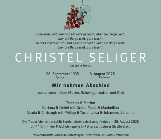 Traueranzeige von Christel Seliger von Hildesheimer Allgemeine Zeitung