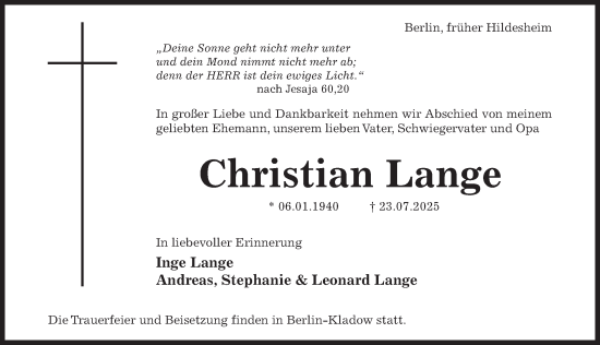 Traueranzeige von Christian Lange von Hildesheimer Allgemeine Zeitung