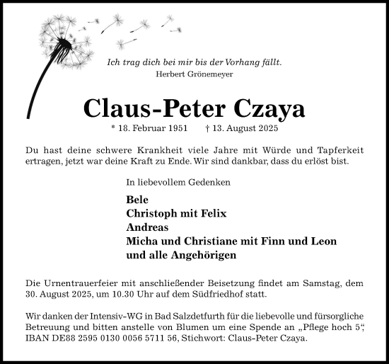 Traueranzeige von Claus-Peter Czaya von Hildesheimer Allgemeine Zeitung