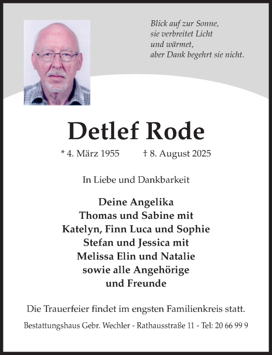 Traueranzeige von Detlef Rode von Hildesheimer Allgemeine Zeitung