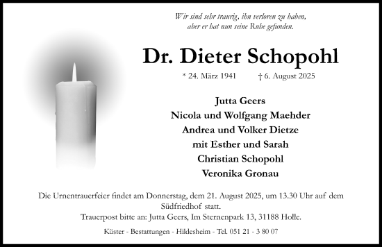 Traueranzeige von Dieter Schopohl von Hildesheimer Allgemeine Zeitung