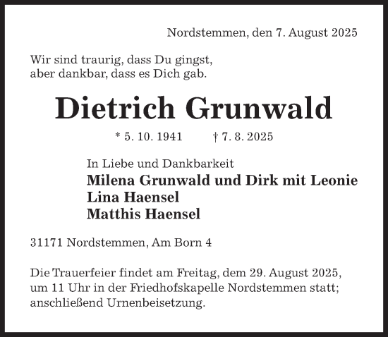Traueranzeige von Dietrich Grunwald von Hildesheimer Allgemeine Zeitung