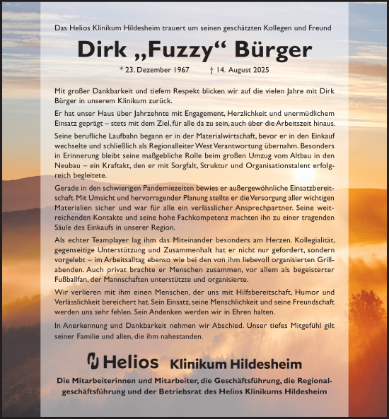 Traueranzeige von Dirk Bürger von Hildesheimer Allgemeine Zeitung