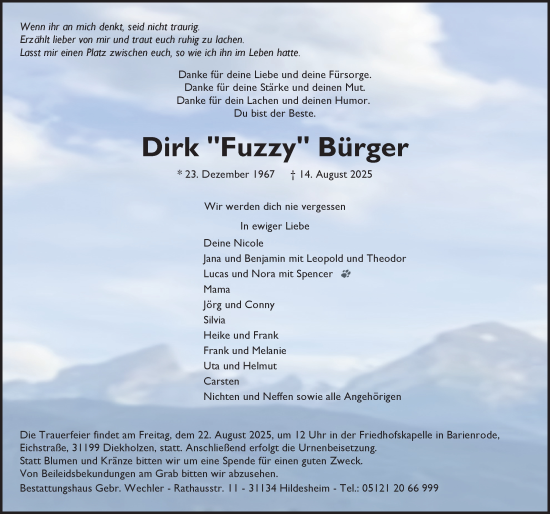 Traueranzeige von Dirk Bürger von Hildesheimer Allgemeine Zeitung