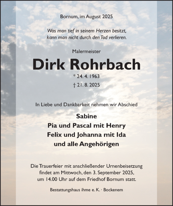 Traueranzeige von Dirk Rohrbach von Hildesheimer Allgemeine Zeitung