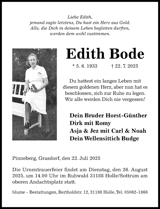 Traueranzeige von Edith Bode von Hildesheimer Allgemeine Zeitung