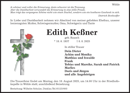 Traueranzeige von Edith Keßner von Hildesheimer Allgemeine Zeitung