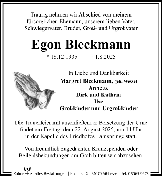 Traueranzeige von Egon Bleckmann von Hildesheimer Allgemeine Zeitung