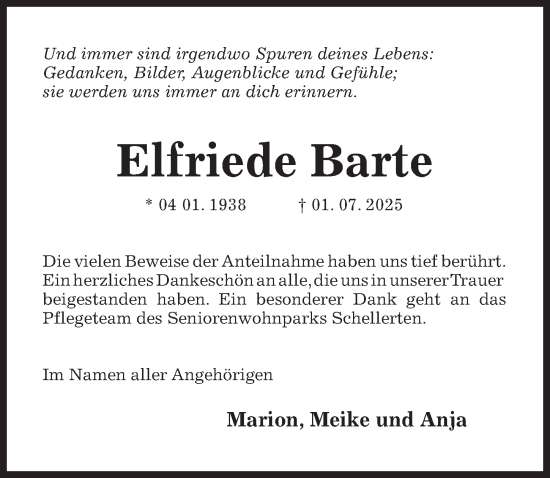 Traueranzeige von Elfriede Barte von Hildesheimer Allgemeine Zeitung