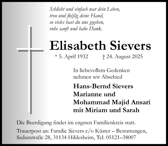 Traueranzeige von Elisabeth Sievers von Hildesheimer Allgemeine Zeitung