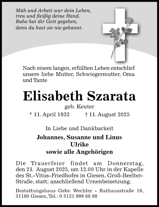 Traueranzeige von Elisabeth Szarata von Hildesheimer Allgemeine Zeitung