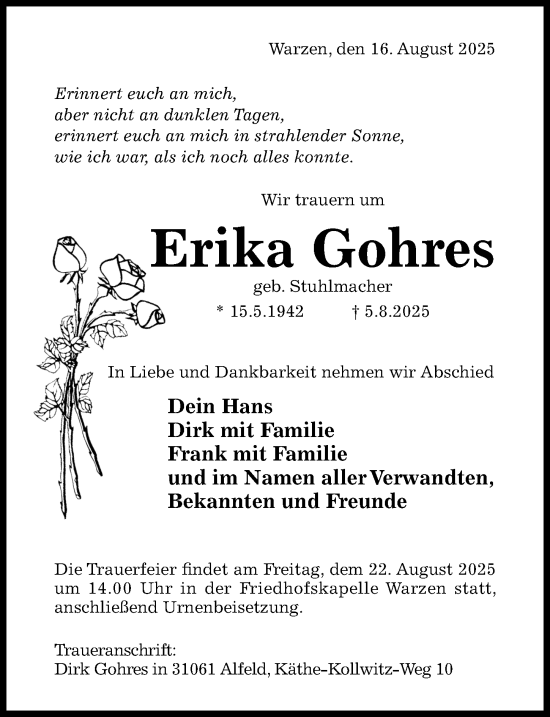 Traueranzeige von Erika Gohres von Hildesheimer Allgemeine Zeitung