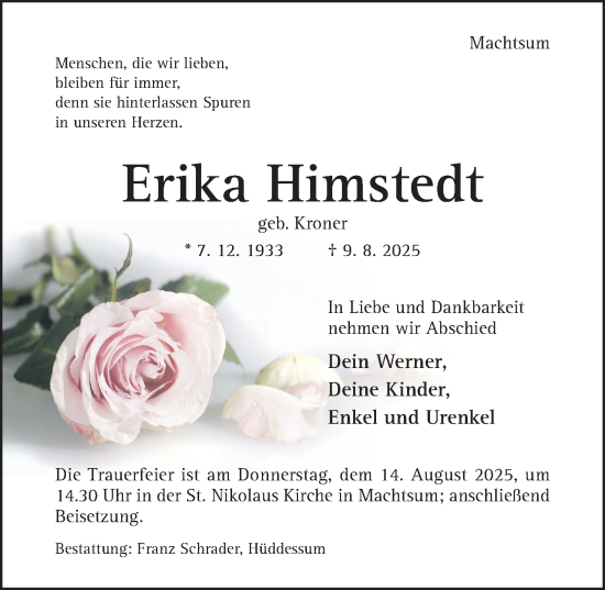 Traueranzeige von Erika Himstedt von Hildesheimer Allgemeine Zeitung