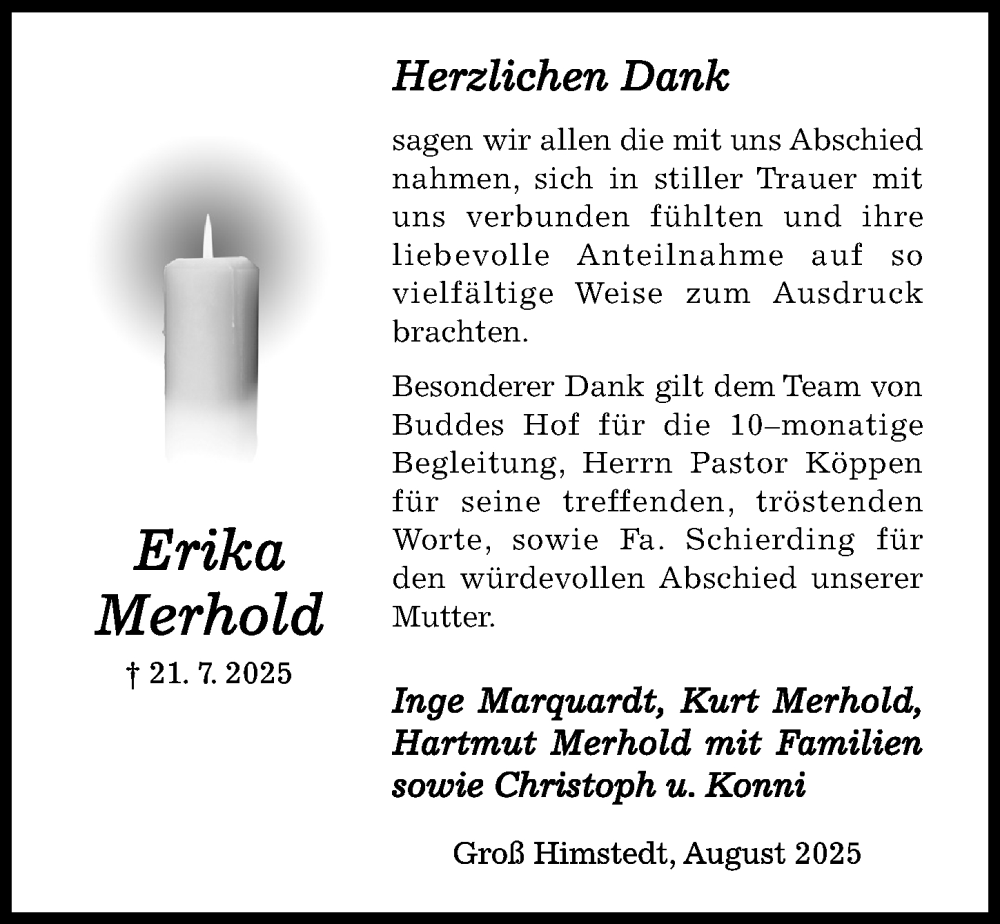  Traueranzeige für Erika Merhold vom 23.08.2025 aus Hildesheimer Allgemeine Zeitung