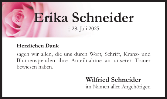 Traueranzeige von Erika Schneider von Hildesheimer Allgemeine Zeitung
