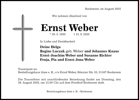 Traueranzeige von Ernst Weber von Hildesheimer Allgemeine Zeitung