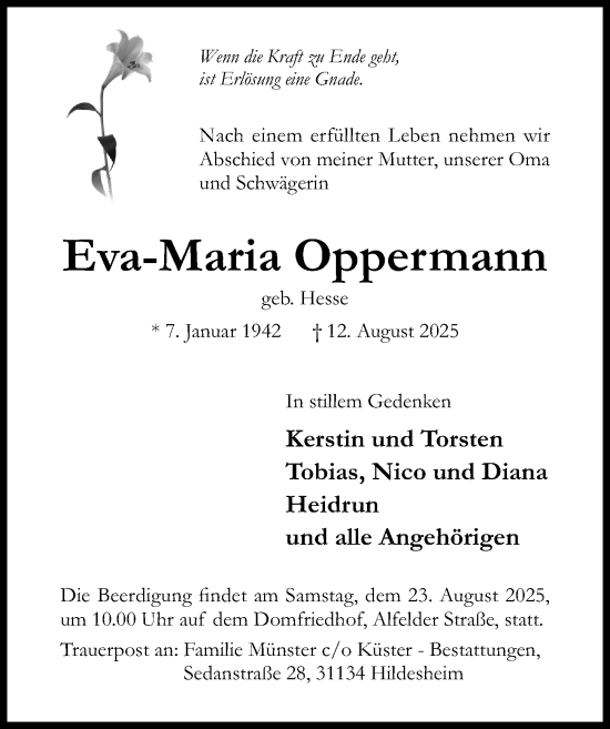 Traueranzeige von Eva-Maria Oppermann von Hildesheimer Allgemeine Zeitung