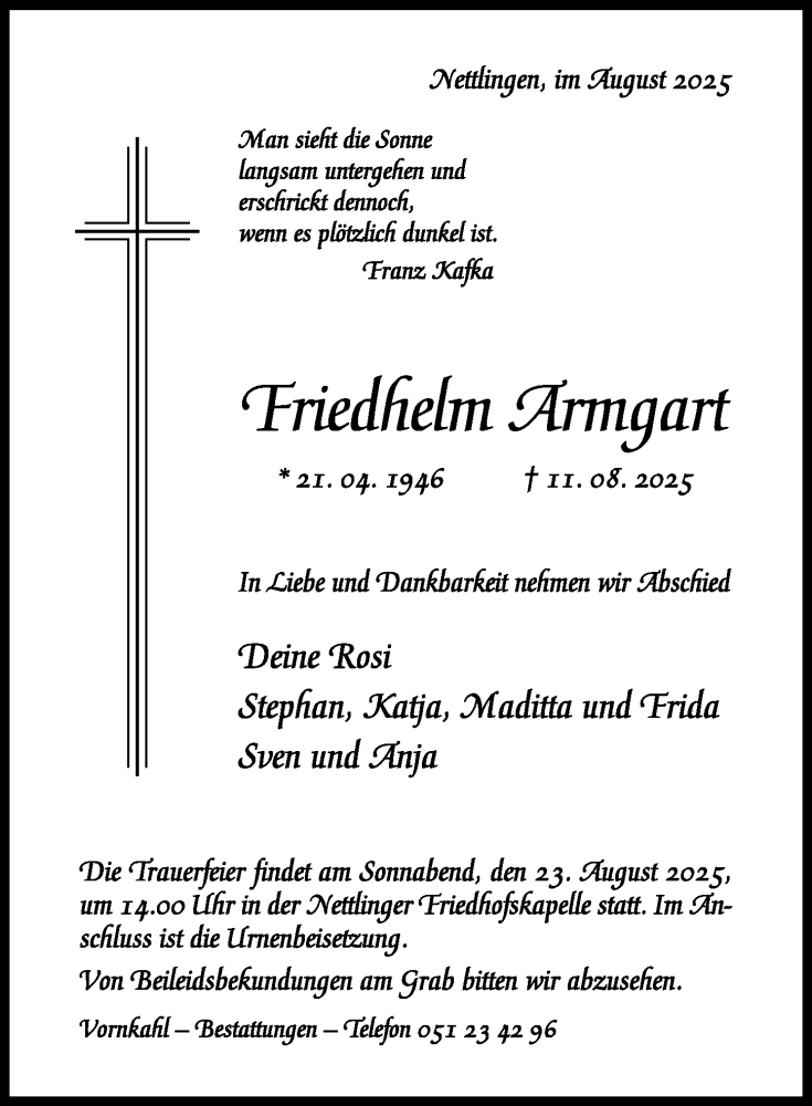  Traueranzeige für Friedhelm Armgart vom 16.08.2025 aus Hildesheimer Allgemeine Zeitung