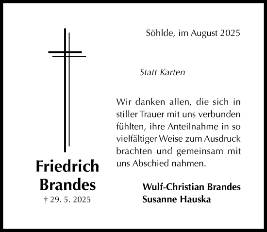 Traueranzeige von Friedrich Brandes von Hildesheimer Allgemeine Zeitung