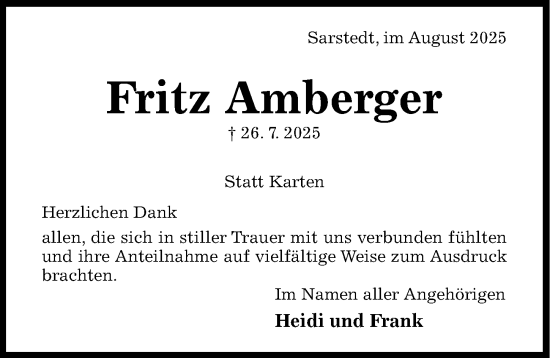 Traueranzeige von Fritz Amberger von Hildesheimer Allgemeine Zeitung