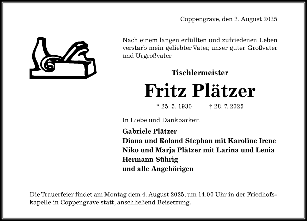  Traueranzeige für Fritz Plätzer vom 02.08.2025 aus Hildesheimer Allgemeine Zeitung